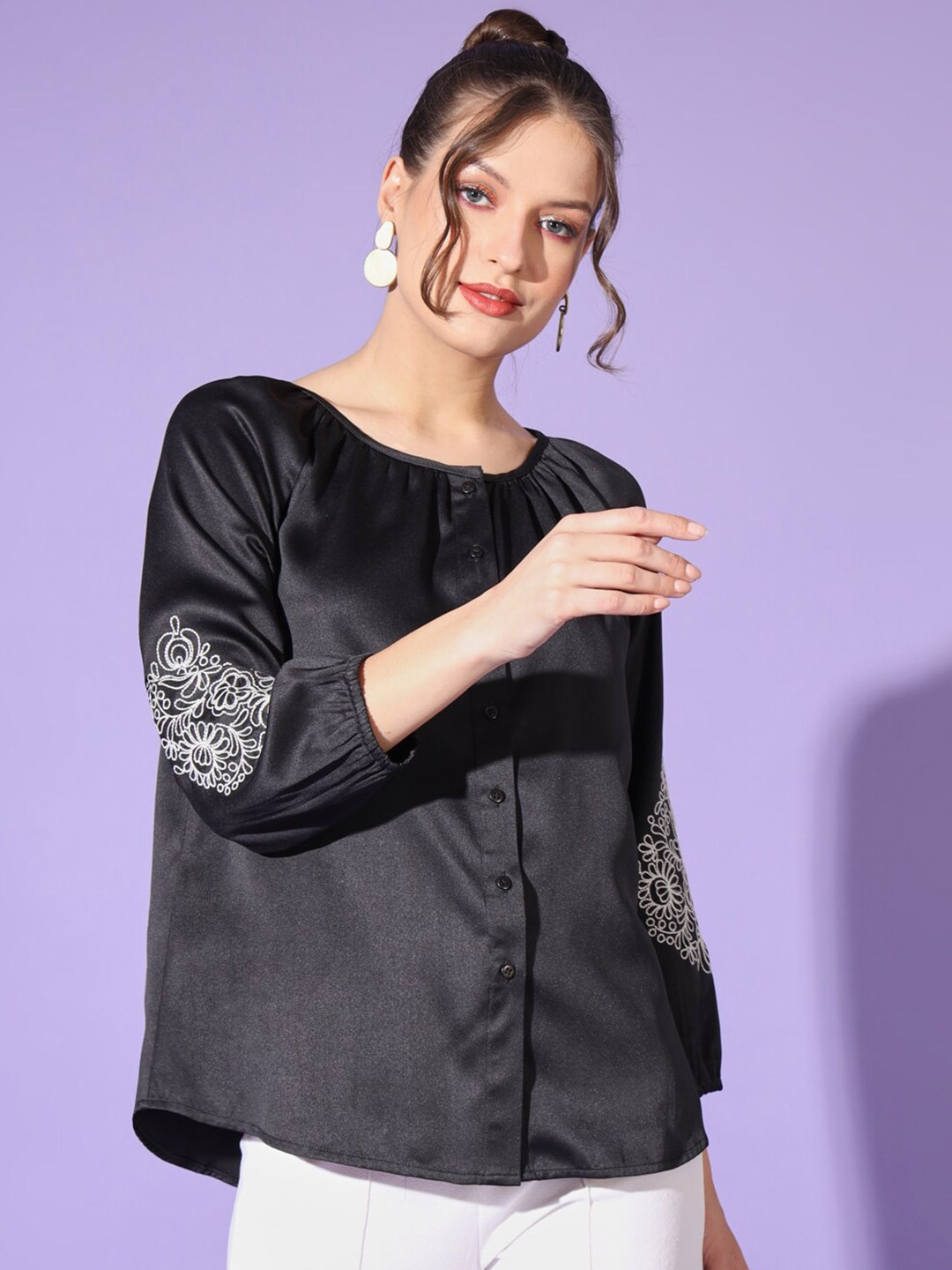 

angloindu Floral Embroidered Cuffed Sleeves Shirt Style Top, Black