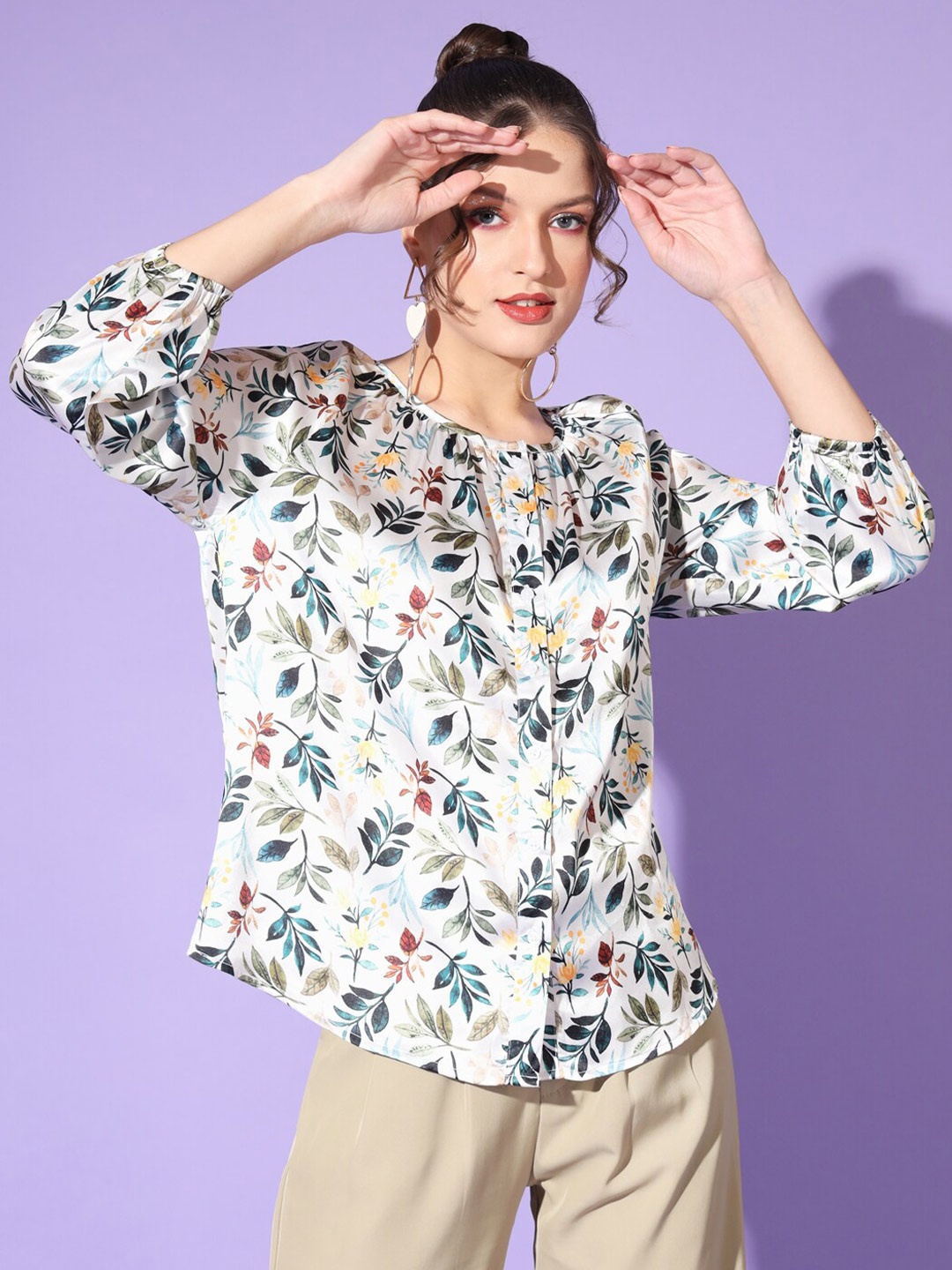 

angloindu Boxy Floral Printed Casual Shirt, White