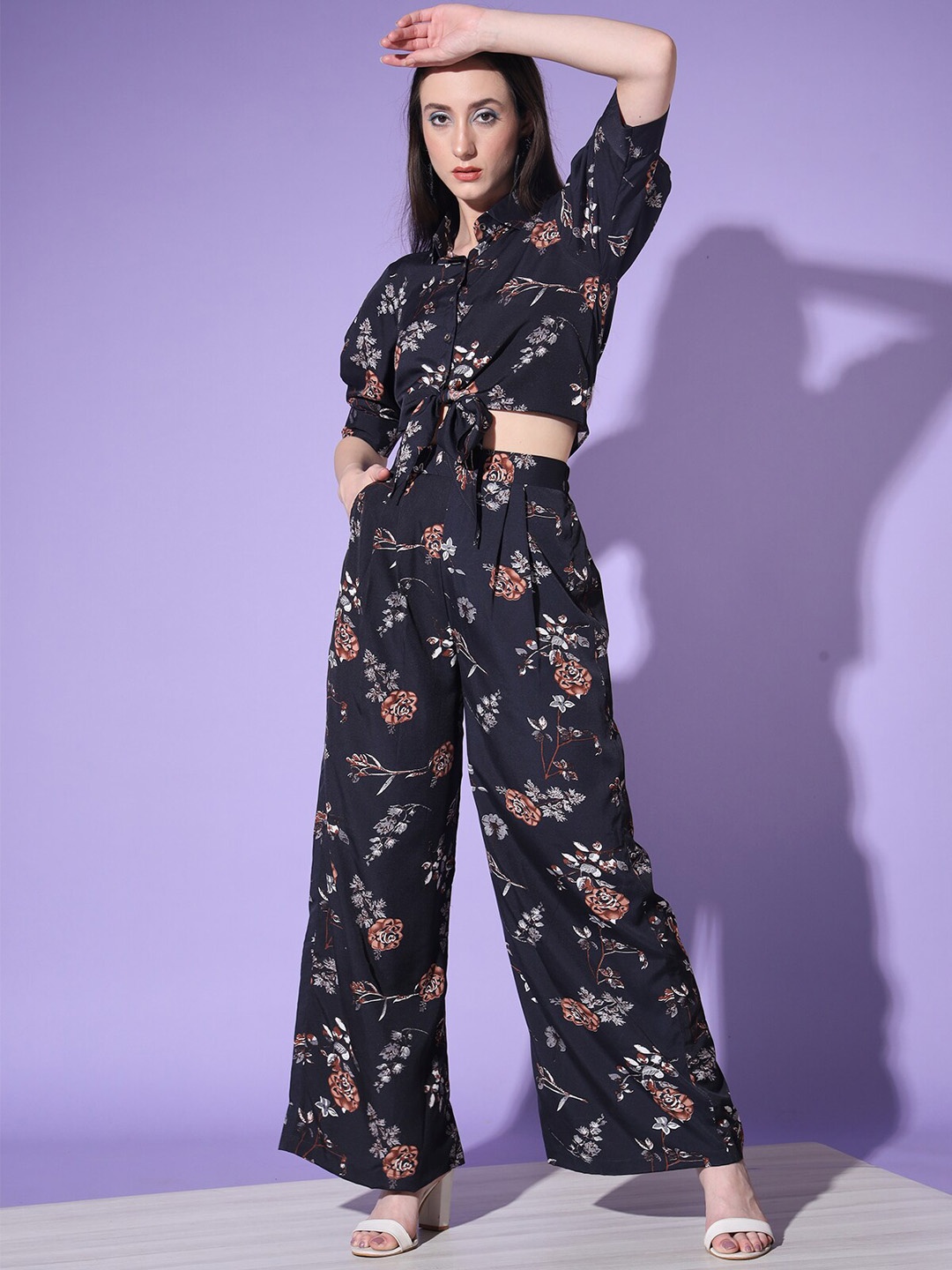 

ODETTE Floral Printed Top With Palazzos, Navy blue