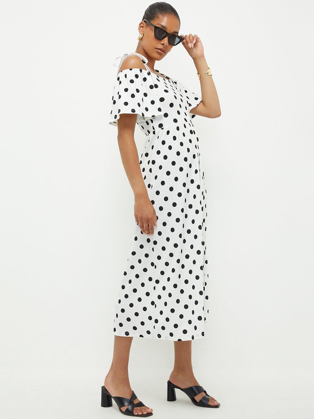 

DOROTHY PERKINS Polka Dot Print Off-Shoulder A-Line Midi Dress, White