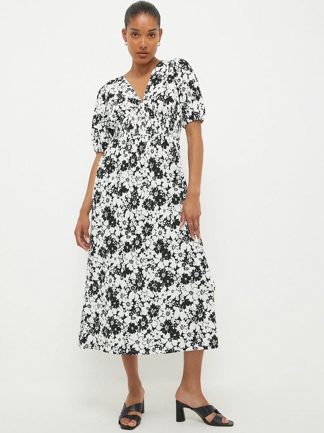 

DOROTHY PERKINS Floral Print Shirred Waist A-Line Midi Dress, White