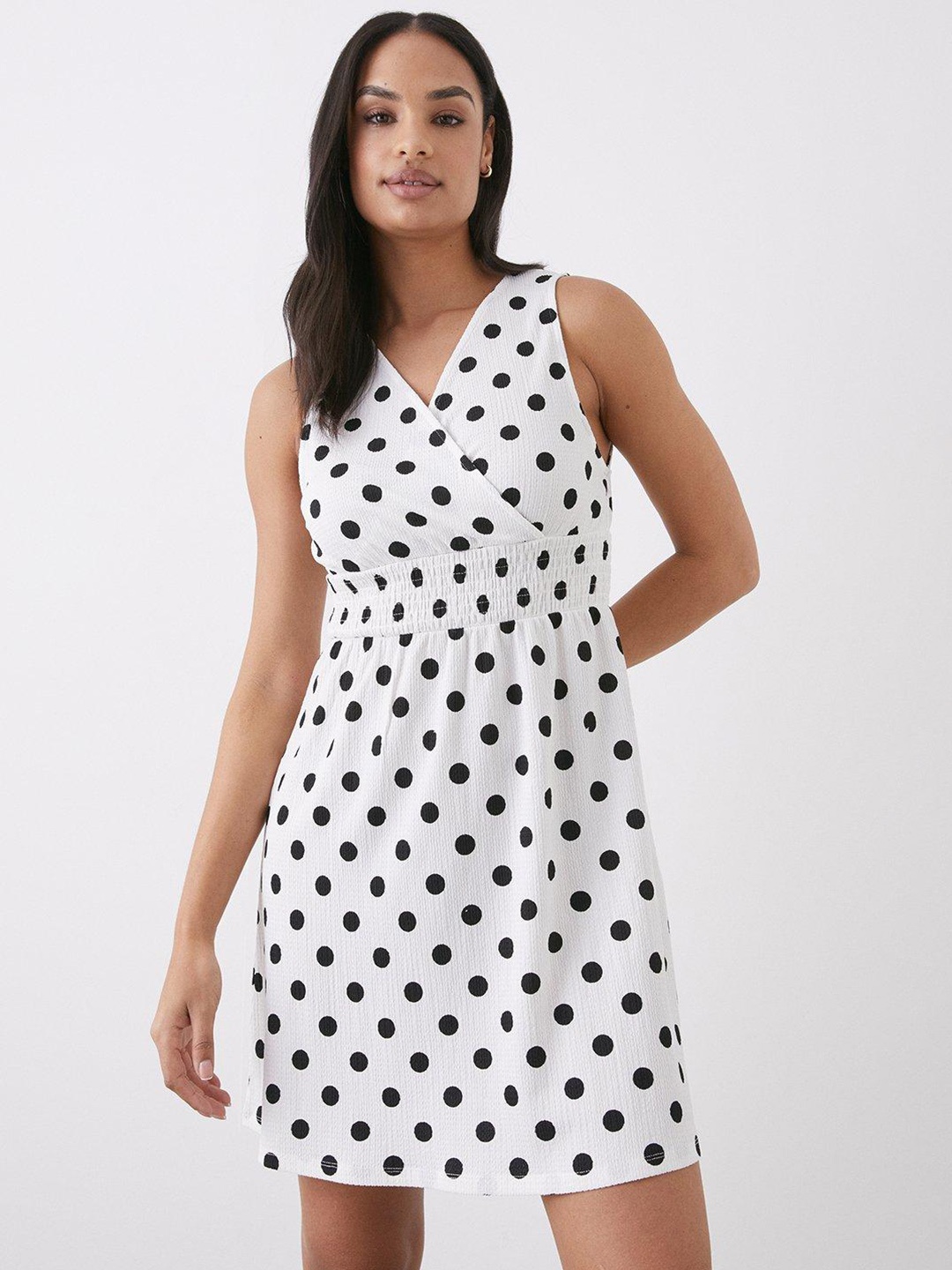 

DOROTHY PERKINS Polka Dot Print Shirred Waist Wrap Dress, White