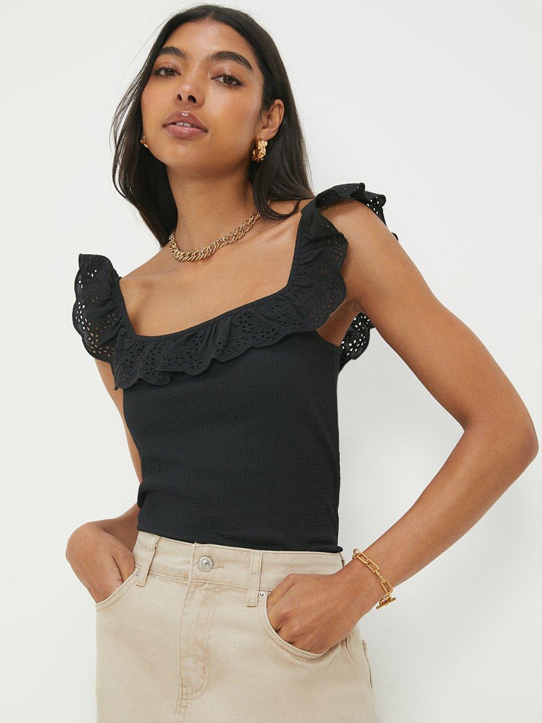 

DOROTHY PERKINS Schiffli Embroidered Ruffled Top, Black