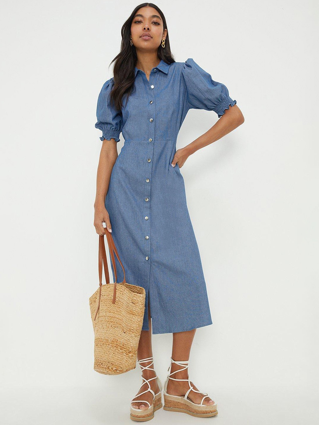 

DOROTHY PERKINS Puff Sleeves Denim Shirt Midi Dress, Blue