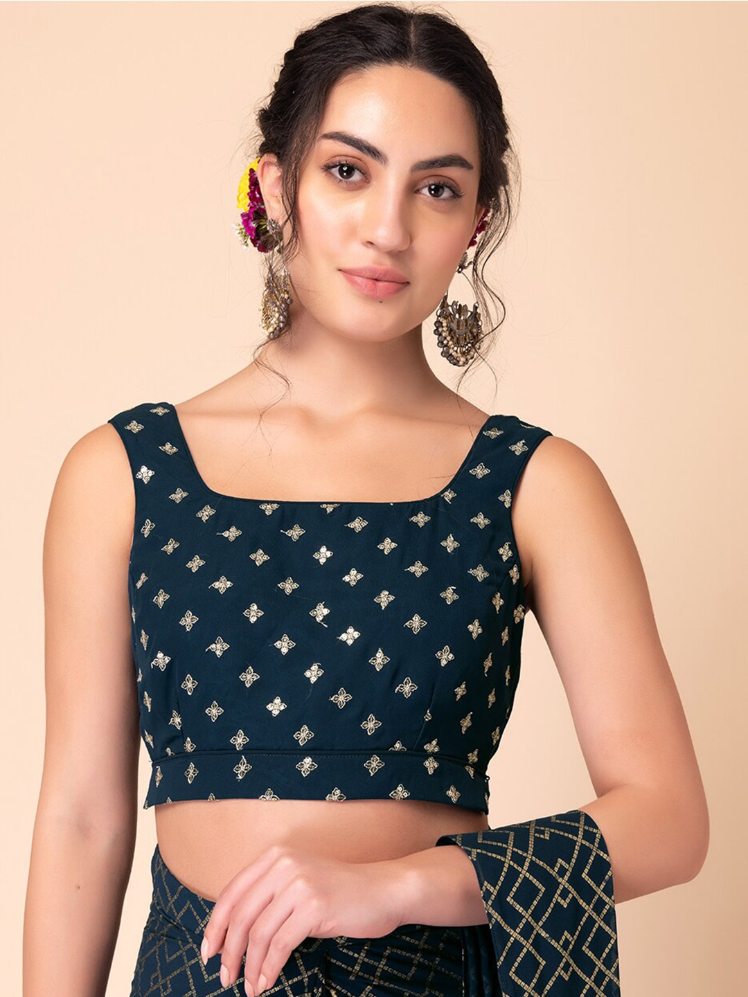 

INDYA Ethnic Motif Embroidered Georgette Blouse, Blue