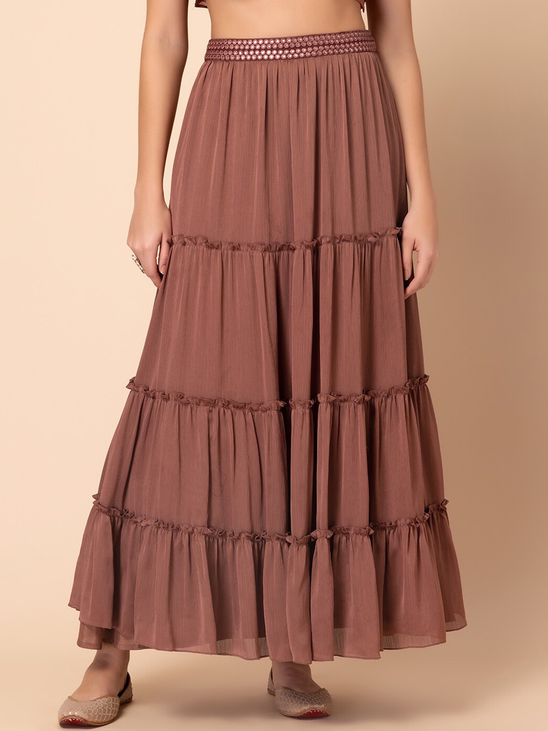 

INDYA Tiered Flared Maxi Skirt, Pink