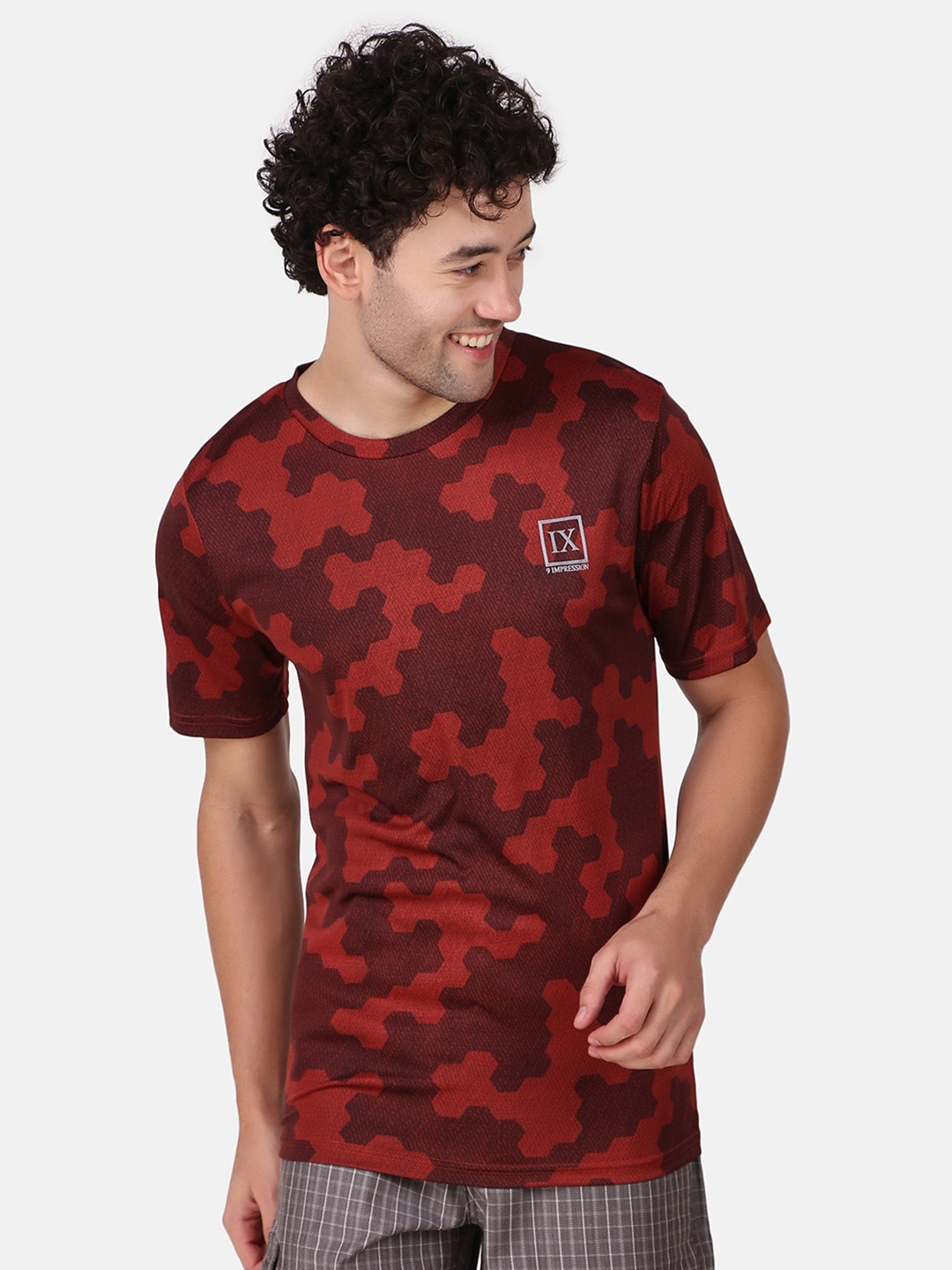 

IX IMPRESSION Abstract Printed Cotton Sports T-Shirt, Maroon