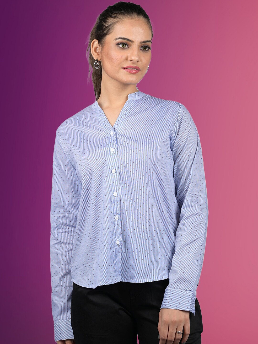 

OWO THE LABEL Smart Micro Ditsy Printed Mandarin Collar Casual Shirt, Blue