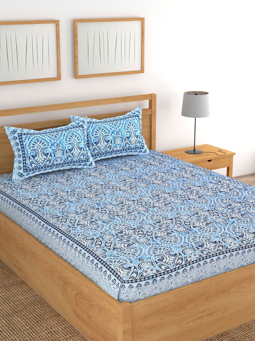 

Lali Prints Blue & White Ethnic Motifs Cotton 180 TC King Bedsheet With 2 Pillow Covers