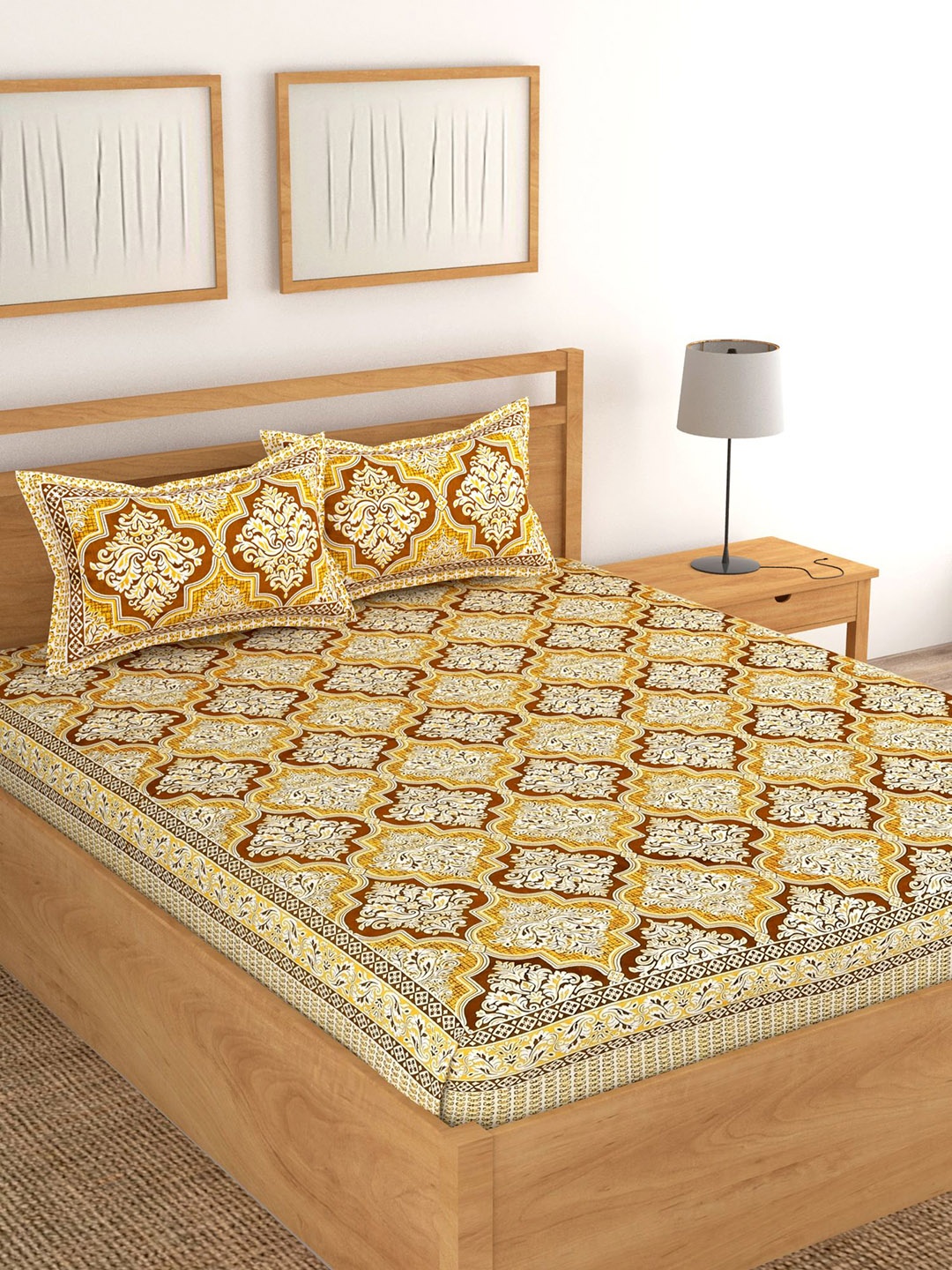 

Lali Prints Yellow & White Ethnic Motifs Cotton 180 TC King Bedsheet With 2 Pillow Covers