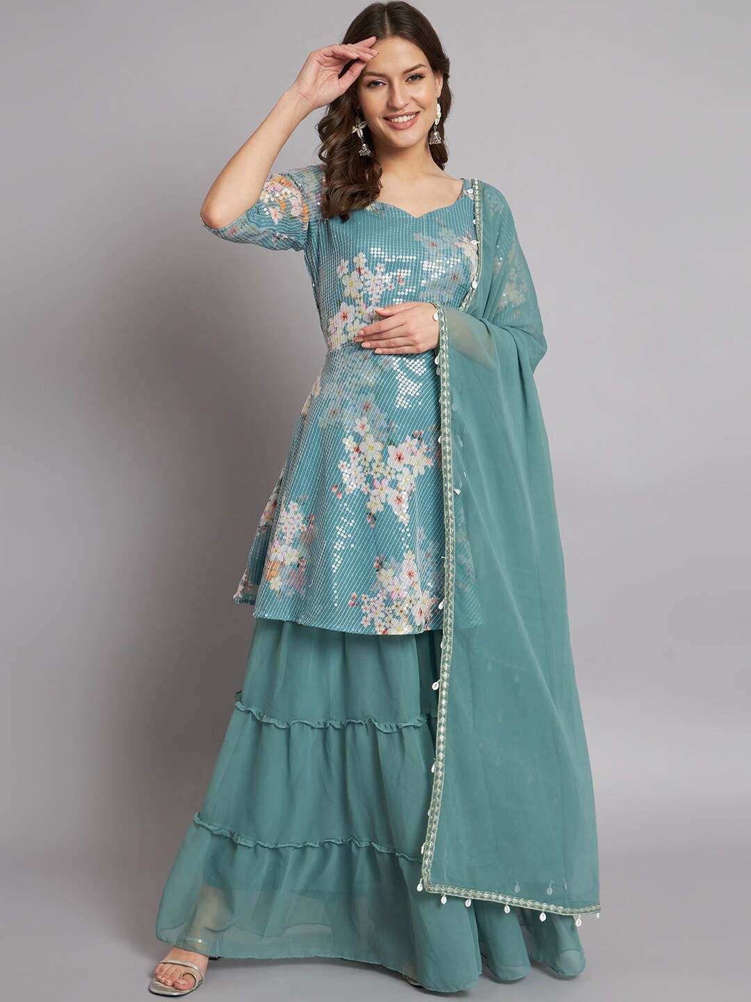 

BLACK SCISSOR Floral Printed Sequinned Georgette Kurta With Sharara & Dupatta, Green