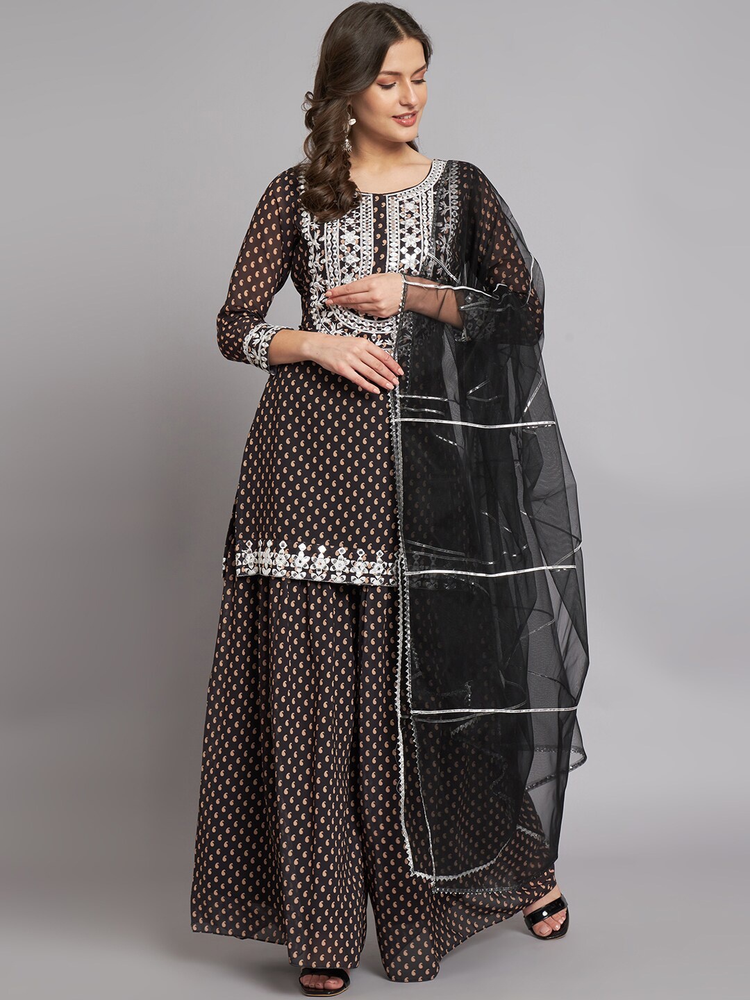 

BLACK SCISSOR Paisley Printed Regular Gotta Patti Georgette Kurta With Sharara & Dupatta