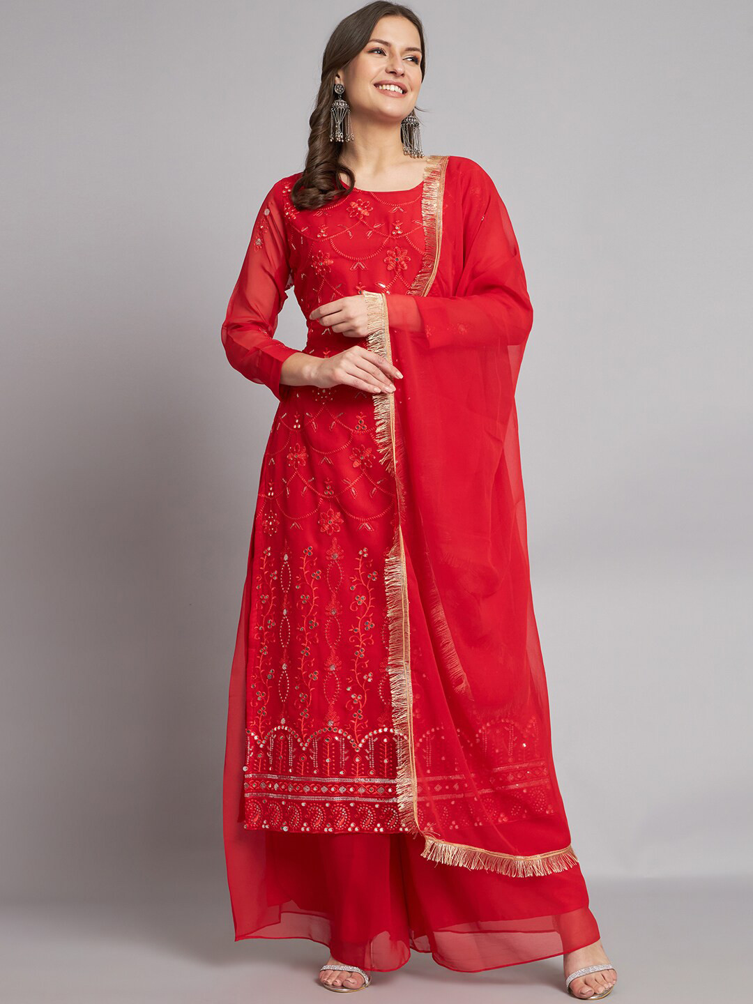 

BLACK SCISSOR Floral Mirror Work Embroidered Georgette Kurta With Sharara & Dupatta, Red