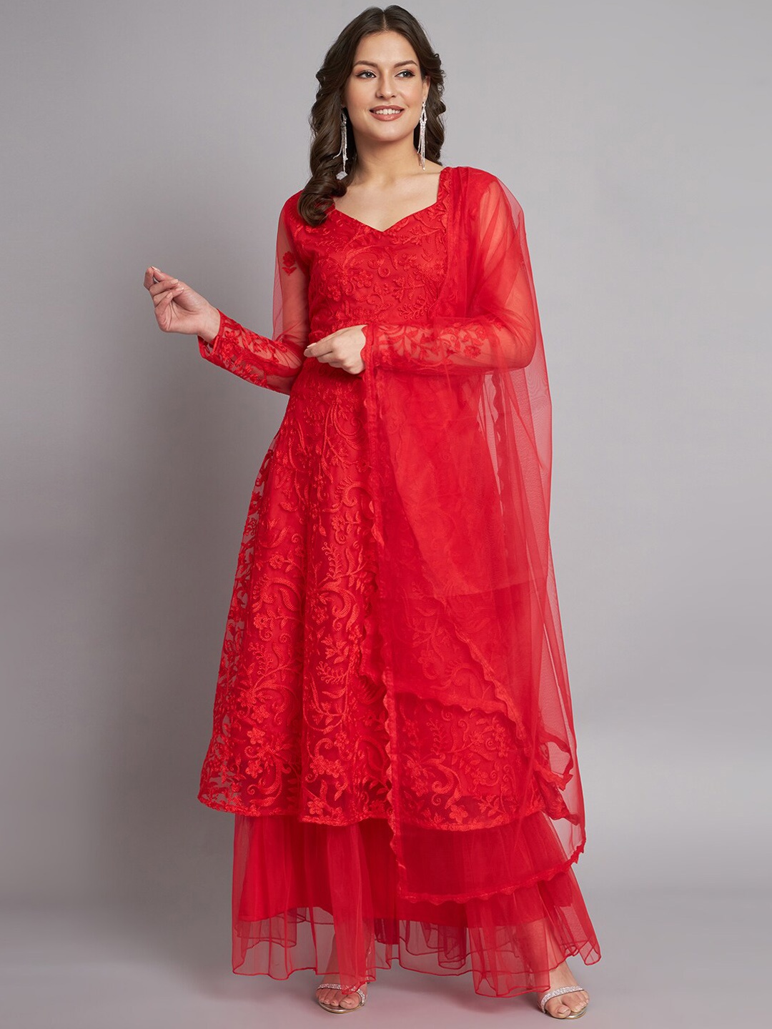 

BLACK SCISSOR Floral Embroidered A-Line Kurta With Trousers & Dupatta, Red