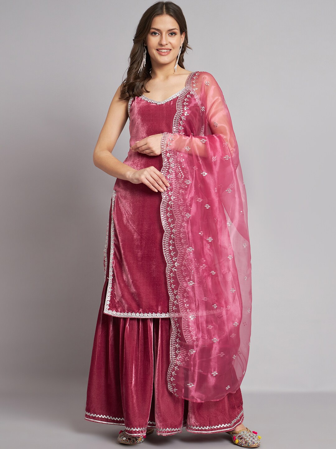 

BLACK SCISSOR Shoulder Straps Regular Sequinned Velvet Kurta With Sharara & Dupatta, Purple