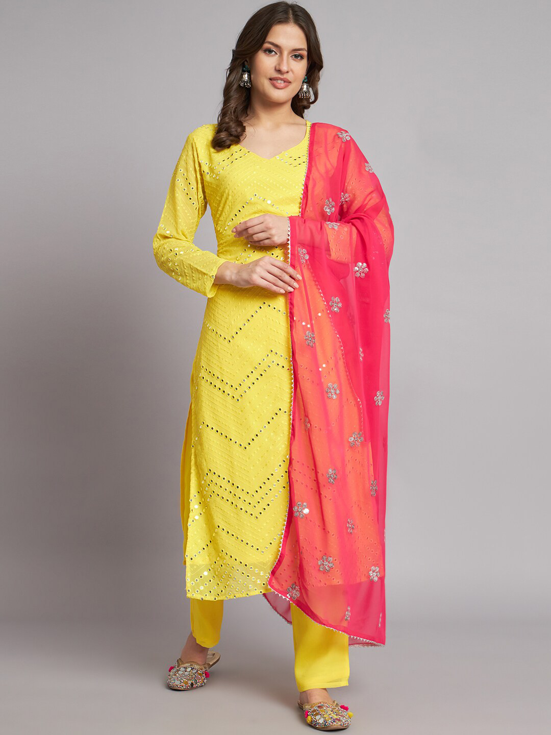 

BLACK SCISSOR Floral Mirror Work Embroidered Georgette Kurta With Trousers & Dupatta, Yellow