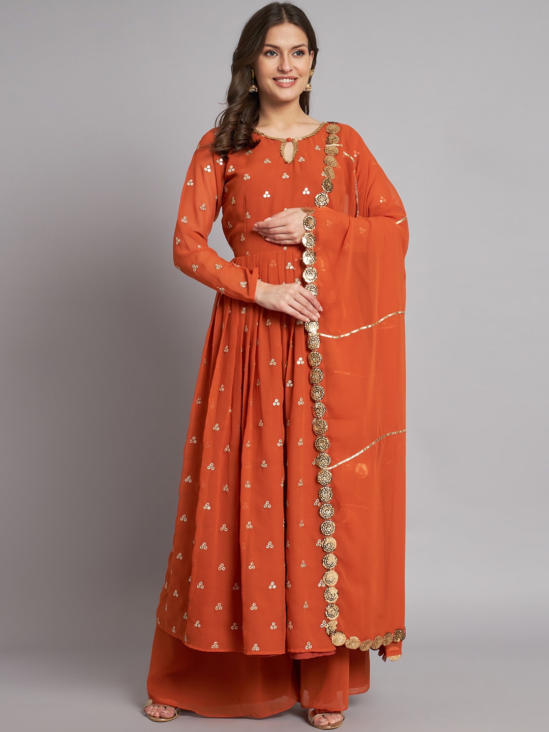 

BLACK SCISSOR Ethnic Motifs Embroidered Sequinned Anarkali Kurta With Palazzos & Dupatta, Orange