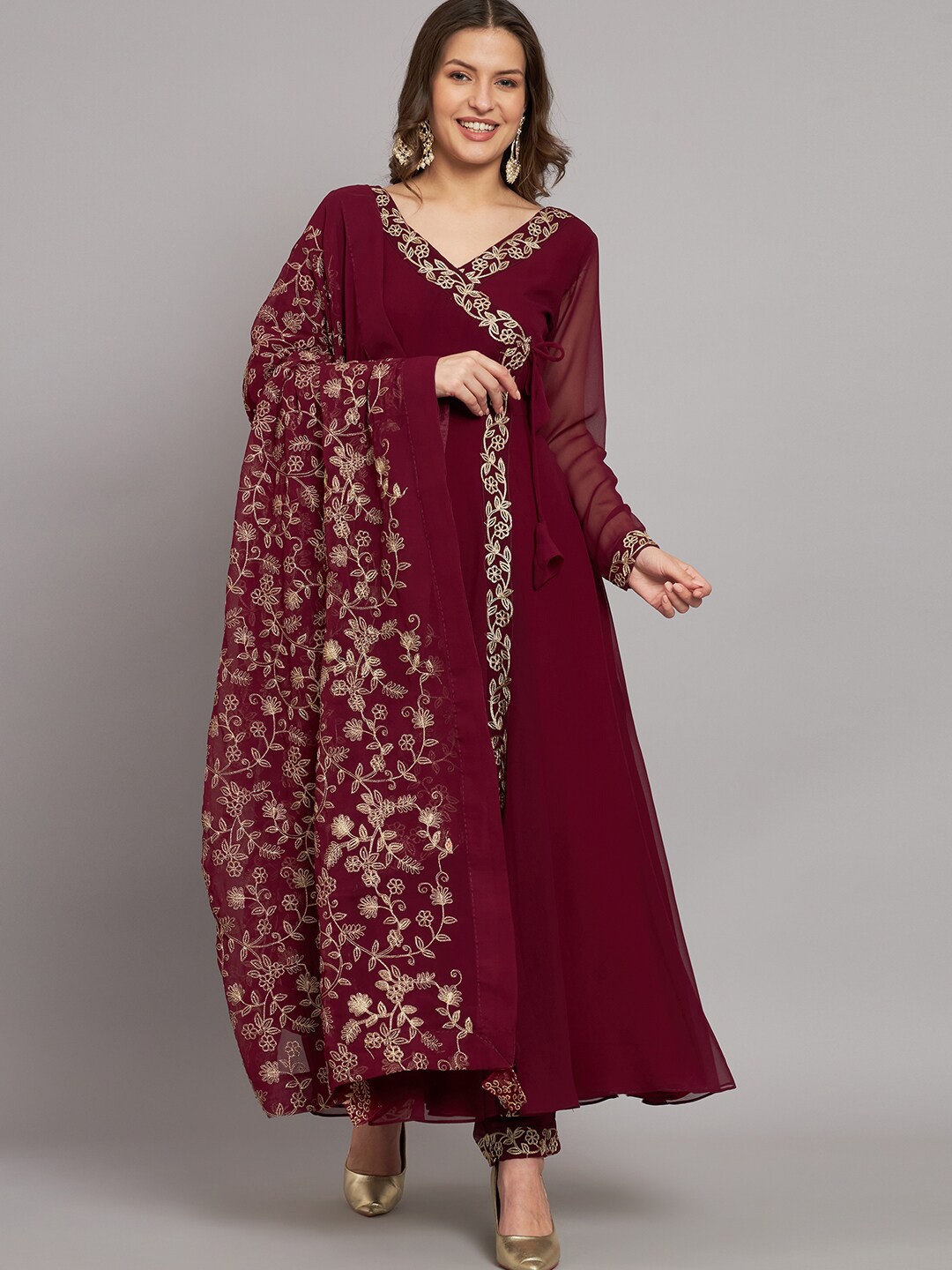 

BLACK SCISSOR Floral Embroidered Angrakha Georgette Kurta With Trousers & Dupatta, Maroon