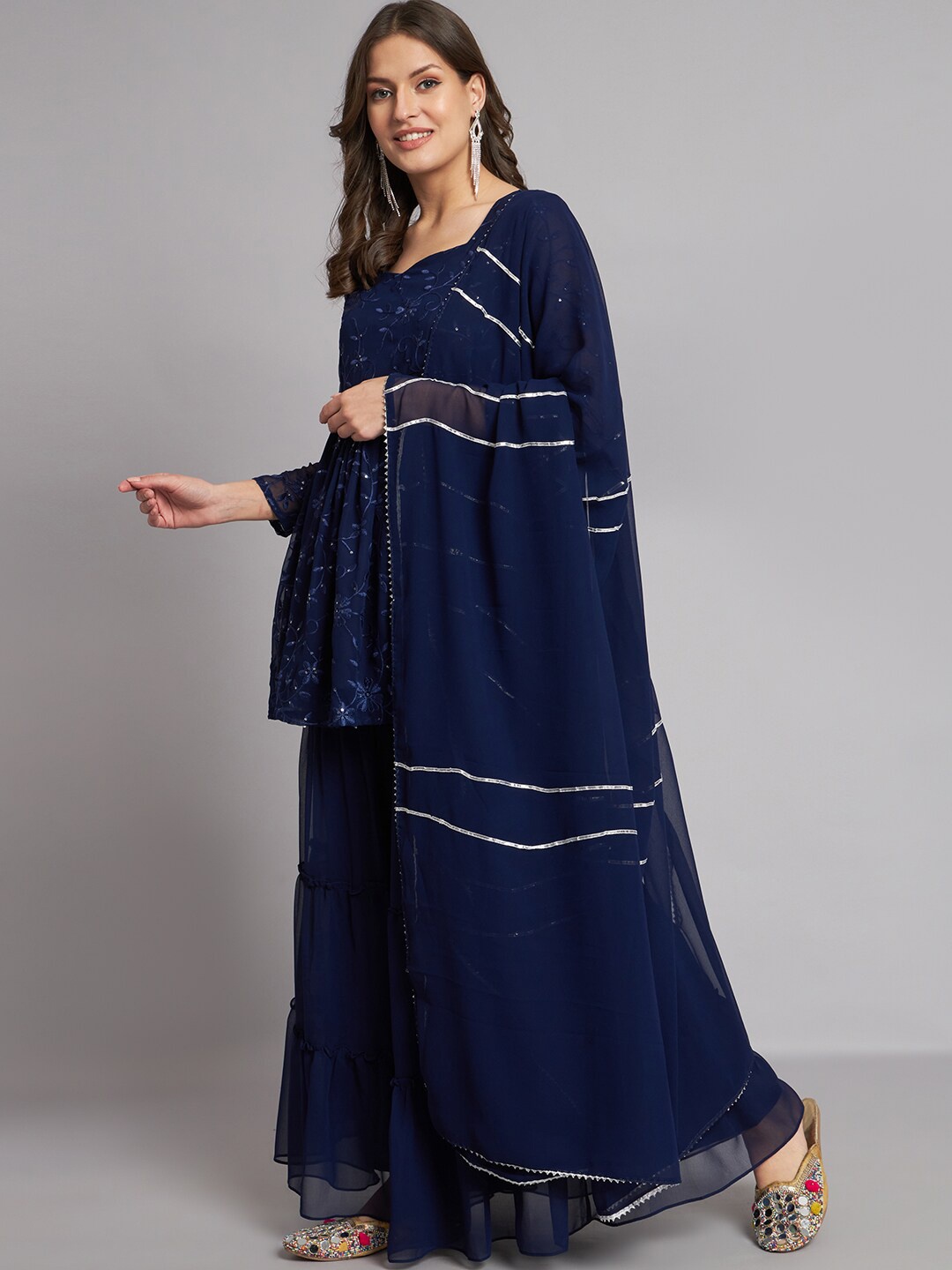 

BLACK SCISSOR Floral Embroidered Thread Work Georgette A-Line Kurti & Sharara With Dupatta, Navy blue