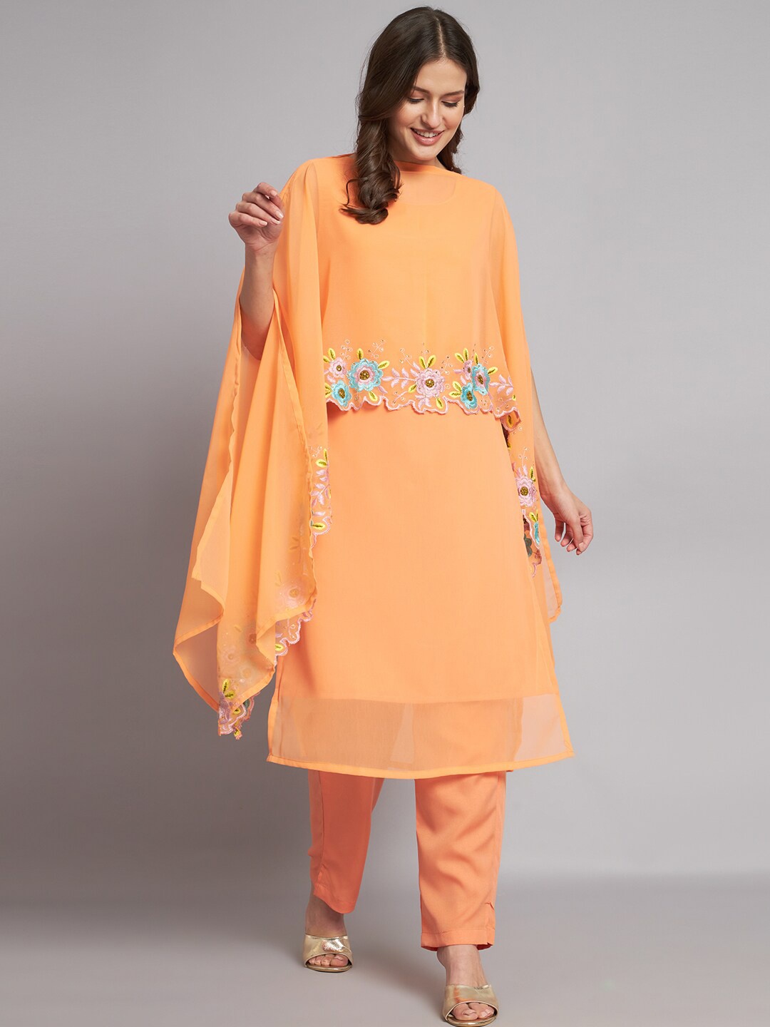 

BLACK SCISSOR Regular Kurta With Trousers & Floral Embroidered Stitched Dupatta, Orange