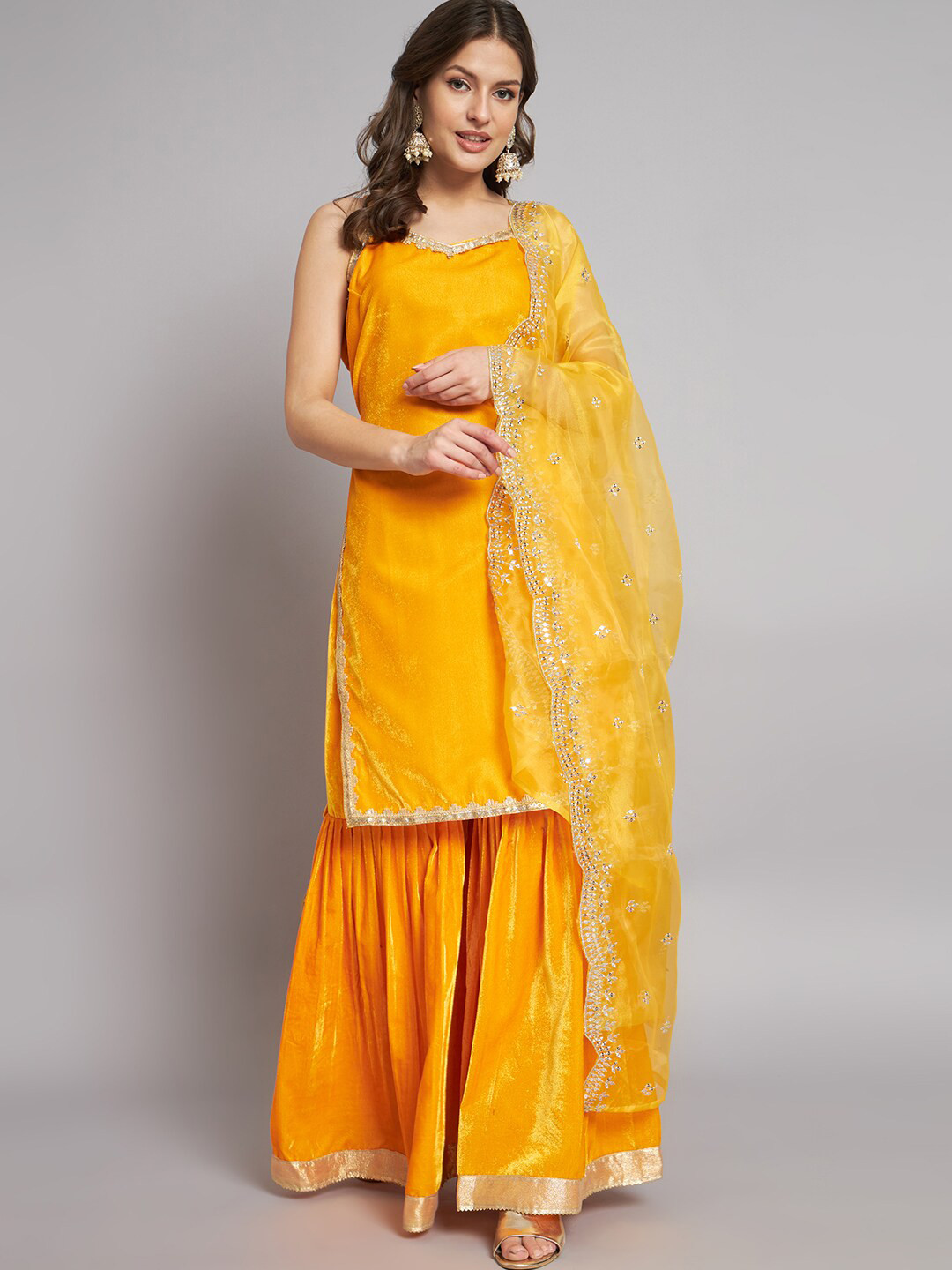 

BLACK SCISSOR Sequinned Shoulder Straps Velvet Kurta With Sharara & Dupatta, Yellow