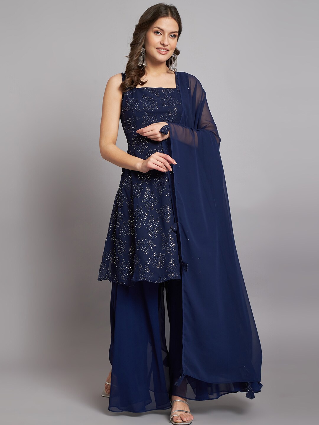 

BLACK SCISSOR Floral Embroidered Regular Sequinned Kurta & Palazzos With Dupatta, Navy blue