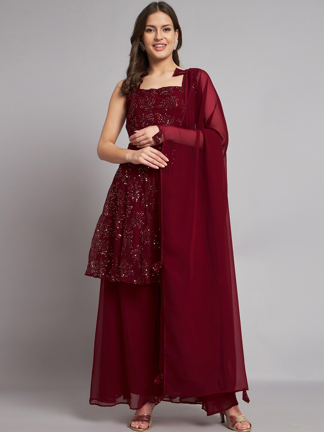 

BLACK SCISSOR Ethnic Motifs Embroidered Regular Mirror Work Kurta & Palazzos With Dupatta, Maroon