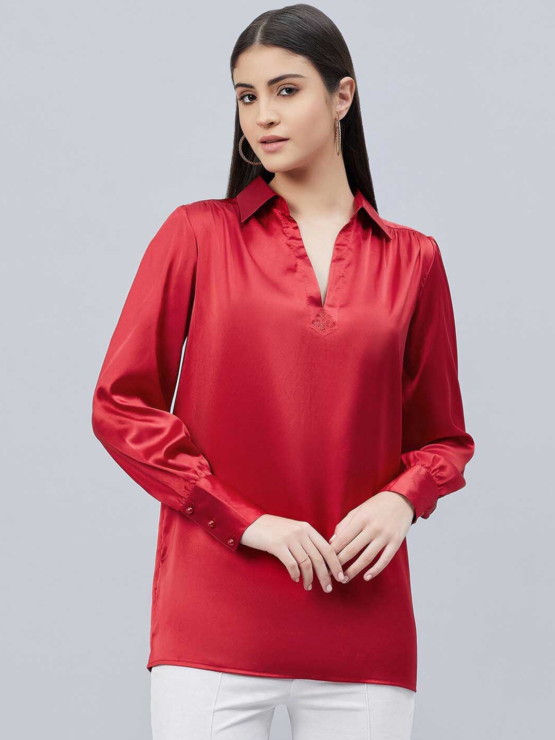 

First Resort by Ramola Bachchan Cuffed Sleeve Satin Shirt Style Top, Red