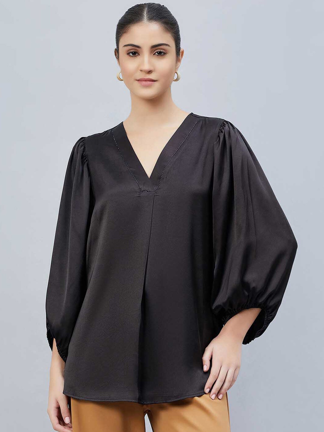 First Resort by Ramola Bachchan V-Neck Puff Sleeves Satin Top, Black