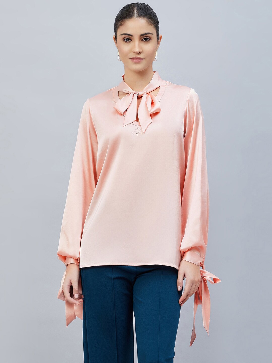 

First Resort by Ramola Bachchan Tie-Up Neck Puff Sleeves Satin Top, Pink