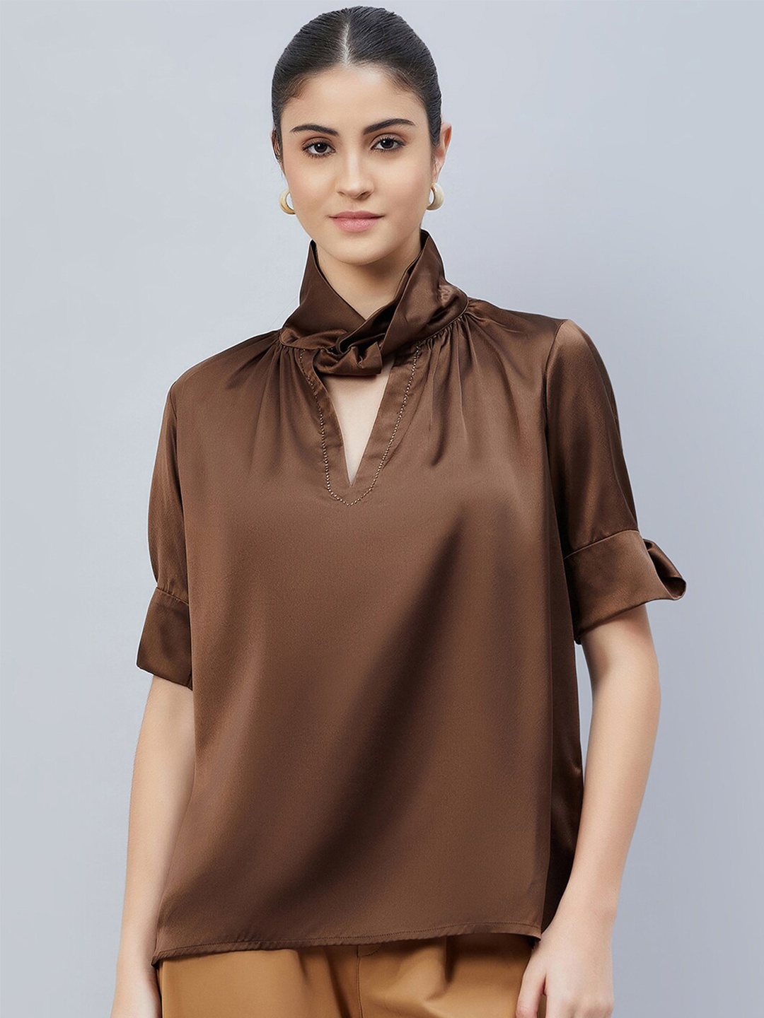 

First Resort by Ramola Bachchan Classic Tie-up Neck Shirt Style Top, Brown
