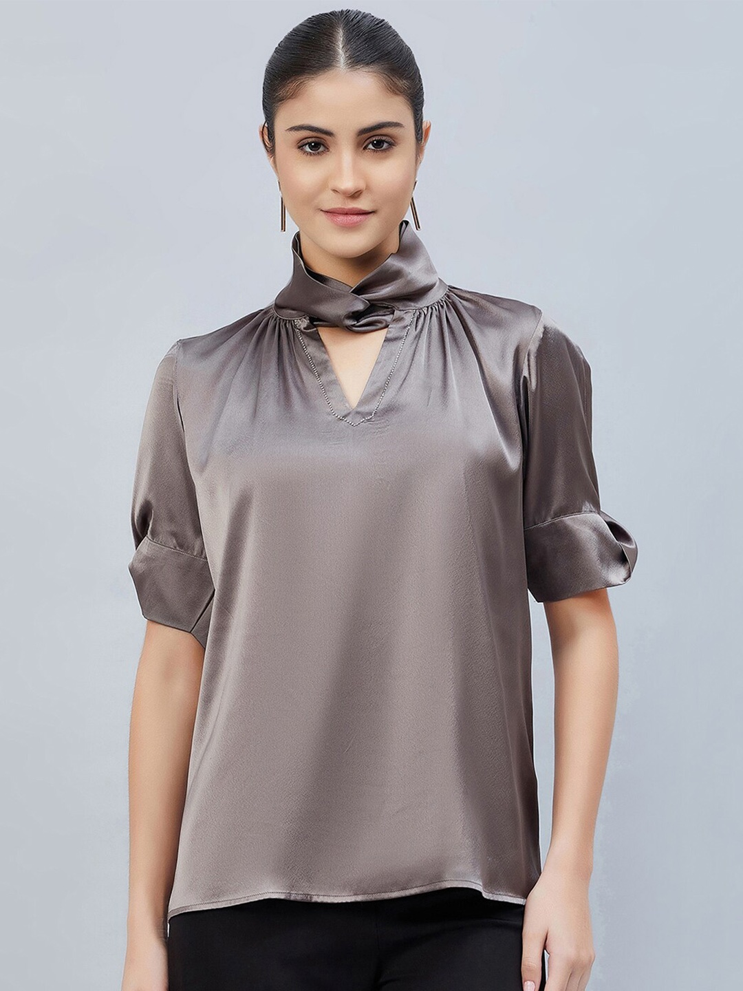 First Resort by Ramola Bachchan Choker Neck Satin Top, Grey