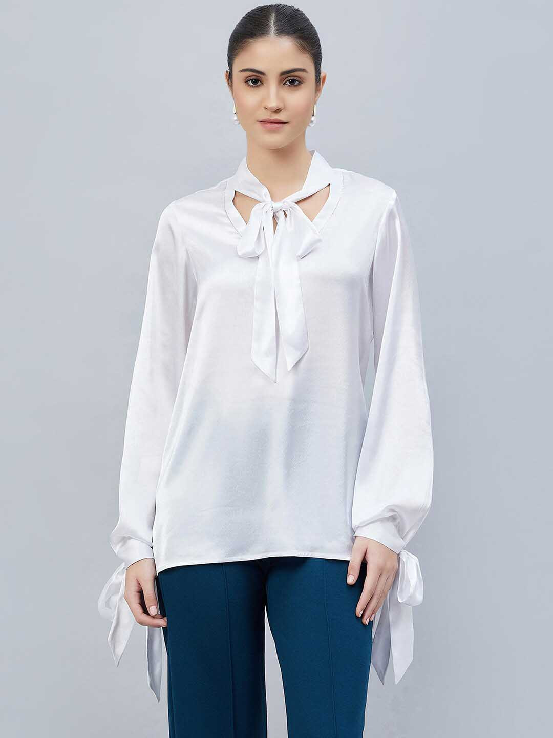 

First Resort by Ramola Bachchan Tie-Up Neck Puff Sleeves Satin Top, White