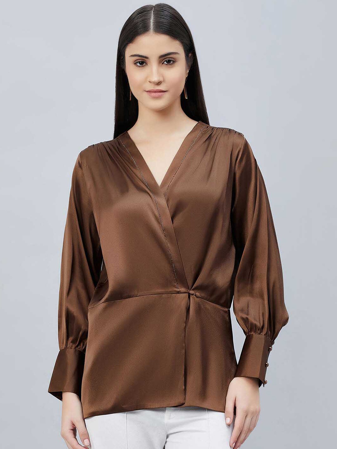 

First Resort by Ramola Bachchan Classic Cuffed Sleeves Gathered Wrap Top, Brown