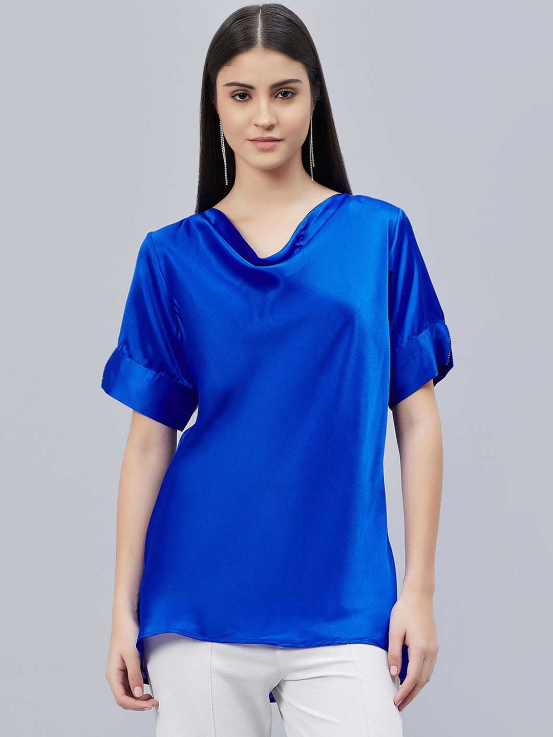 First Resort by Ramola Bachchan Cowl Neck Satin Top, Blue