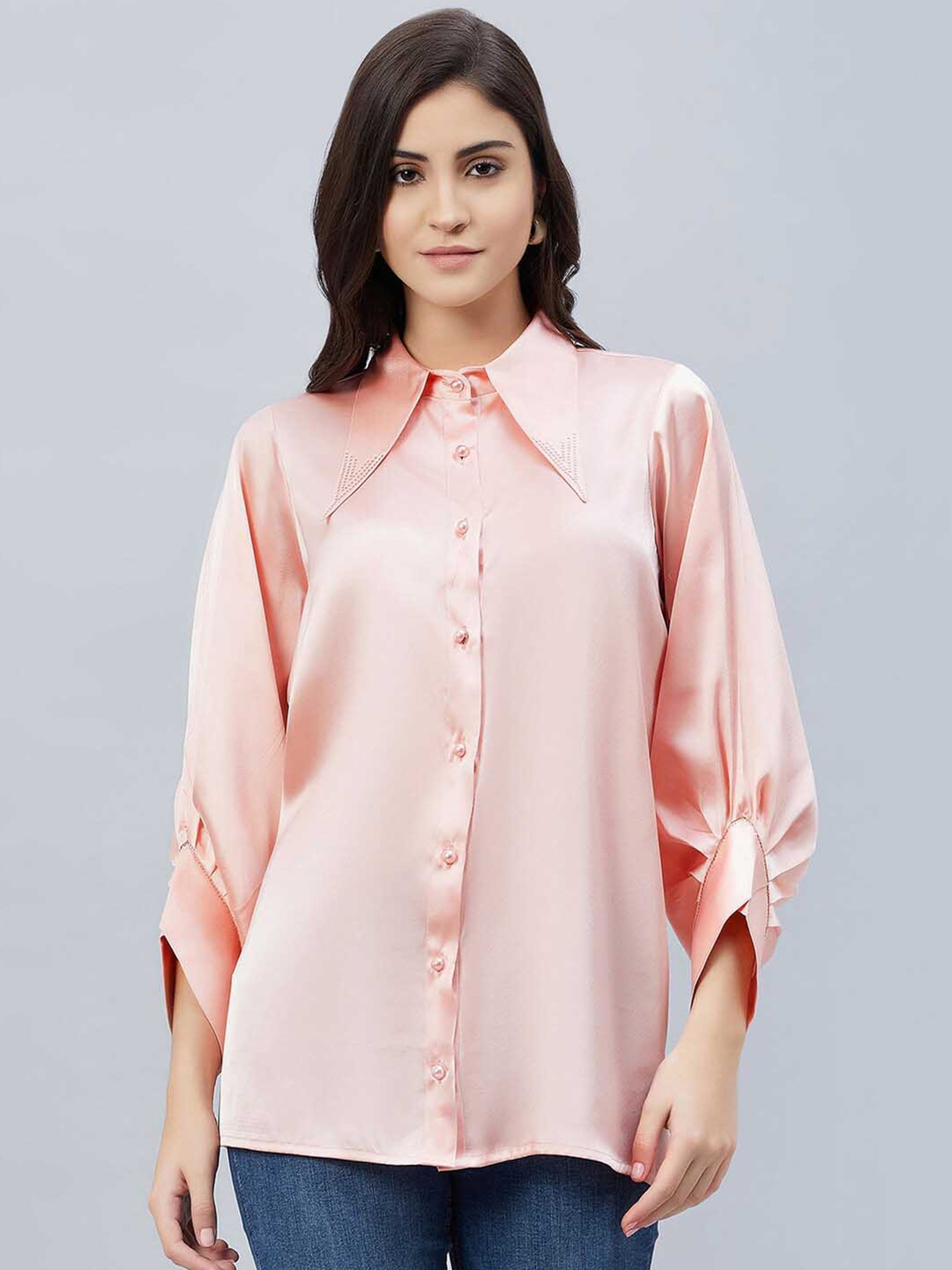 

First Resort by Ramola Bachchan Classic Embellished Detail Satin Casual Shirt, Pink