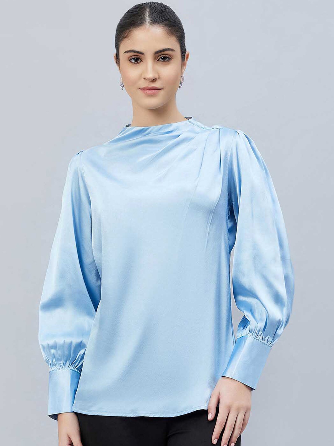 

First Resort by Ramola Bachchan Hight Neck Satin Regular Top, Blue