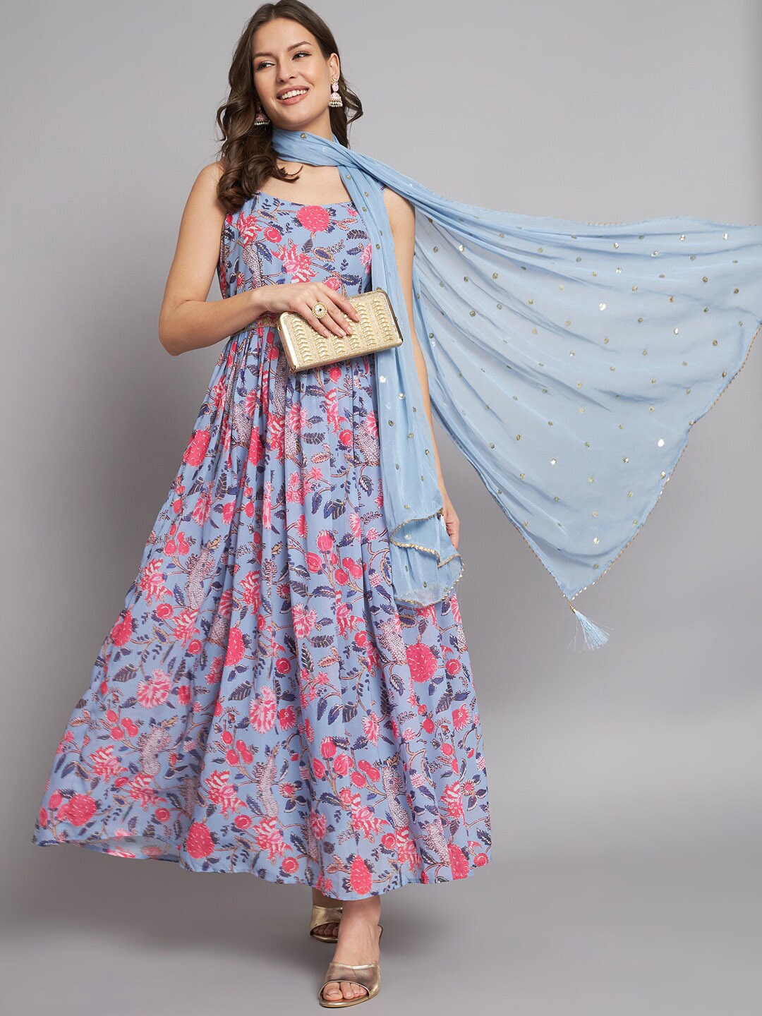 

BLACK SCISSOR Floral Printed Ethnic Flared Gown With Dupatta Set, Blue