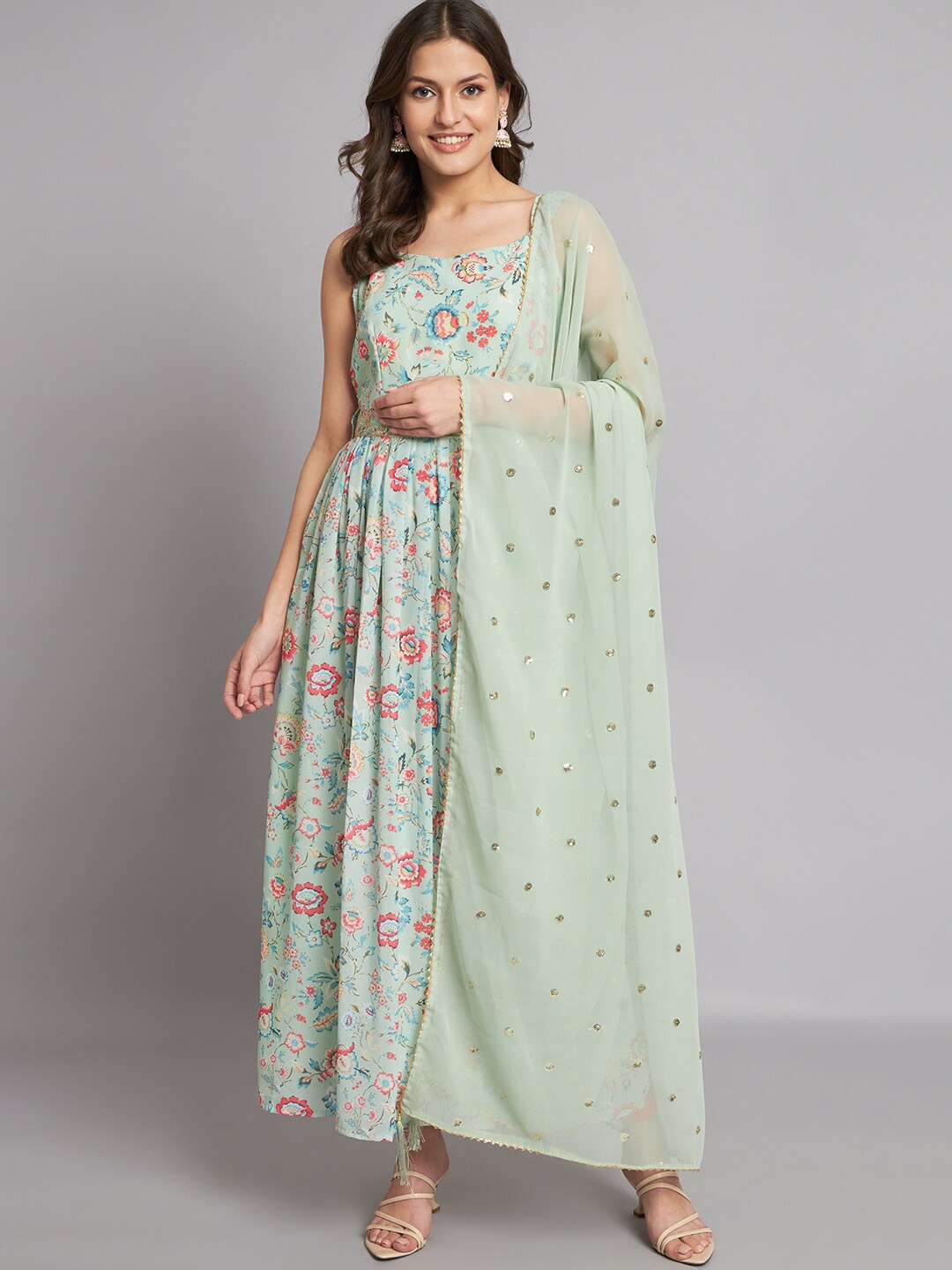 

BLACK SCISSOR Floral Printed Sequinned Georgette A-Line Maxi Ethnic Dress With Dupatta Set, Green