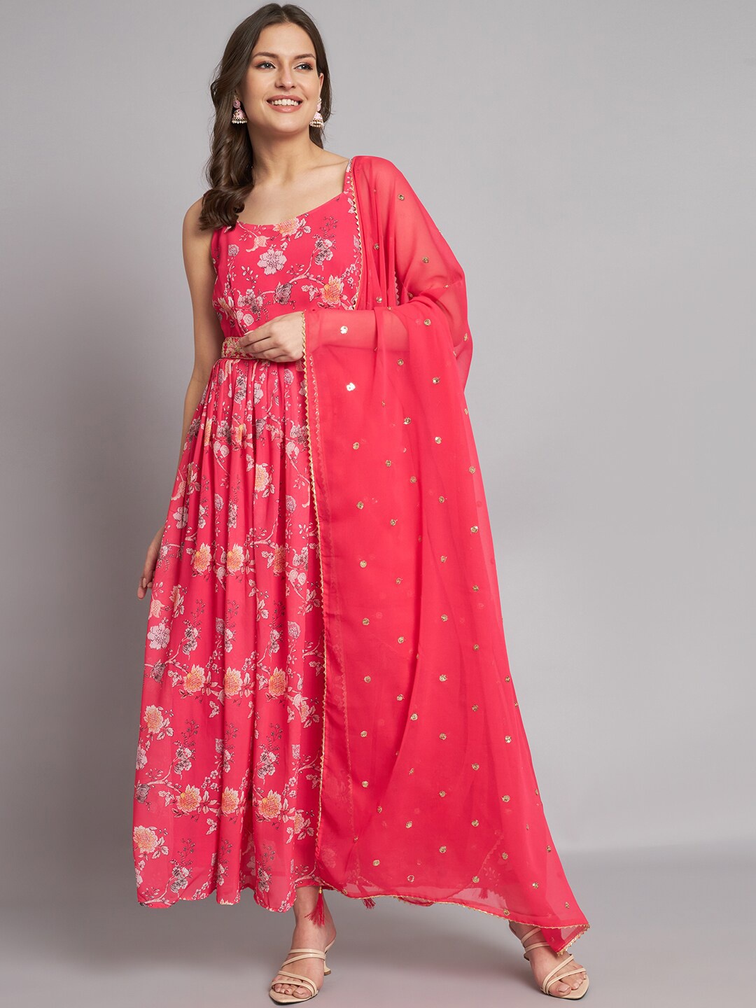 

BLACK SCISSOR Floral Printed Sequinned A-line Maxi Ethnic Dress With Dupatta, Pink