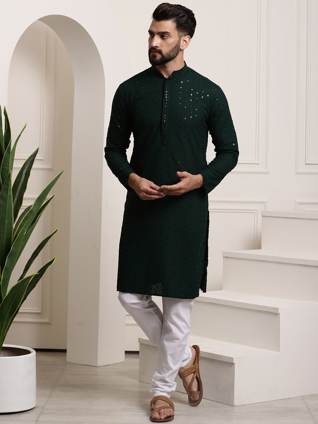 

SOJANYA Ethnic Motifs Embroidered Sequinned Pure Cotton Kurta with Churidar, Green