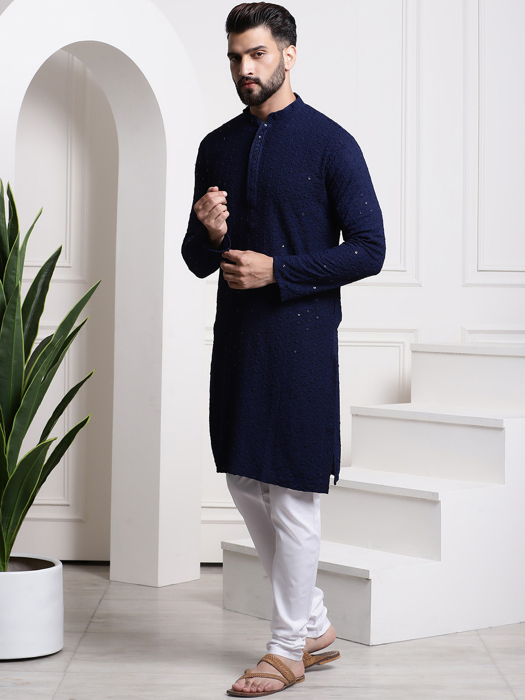 

SOJANYA Ethnic Motifs Embroidered Regular Sequinned Pure Cotton Kurta with Churidar, Navy blue