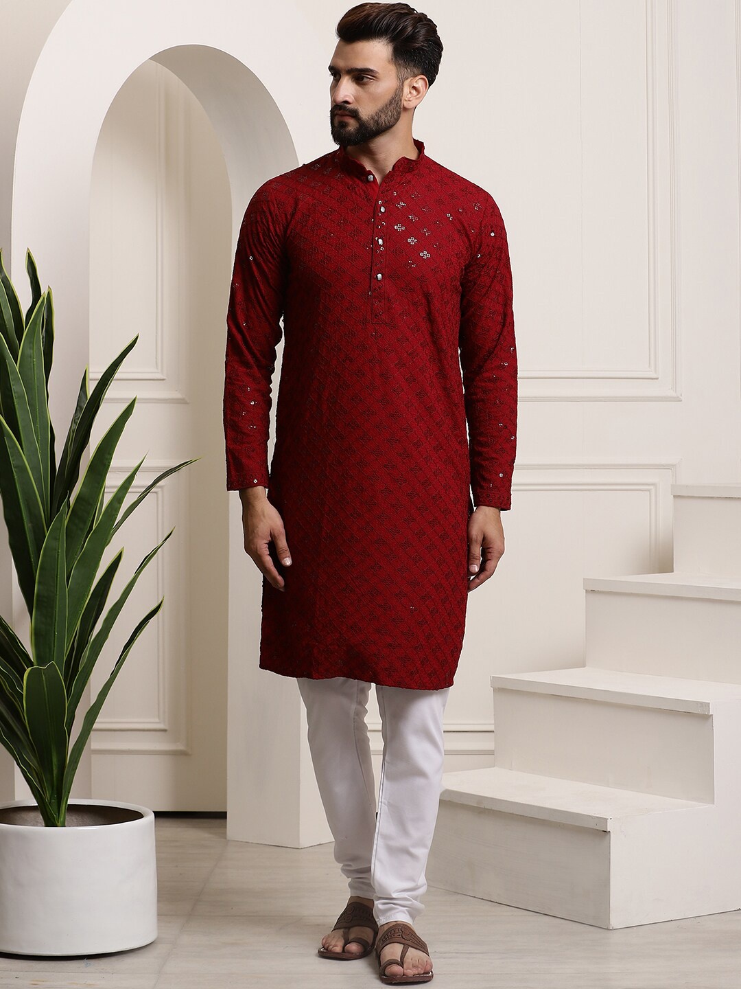 

SOJANYA Ethnic Motifs Embroidered Regular Sequinned Pure Cotton Kurta with Churidar, Maroon