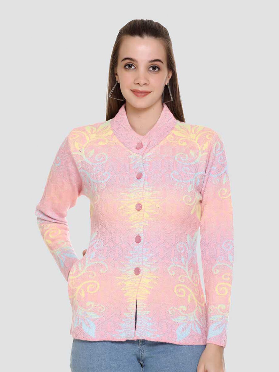 

Night Platter Abstract Printed Mock Collar Cotton Cardigan Sweater, Pink
