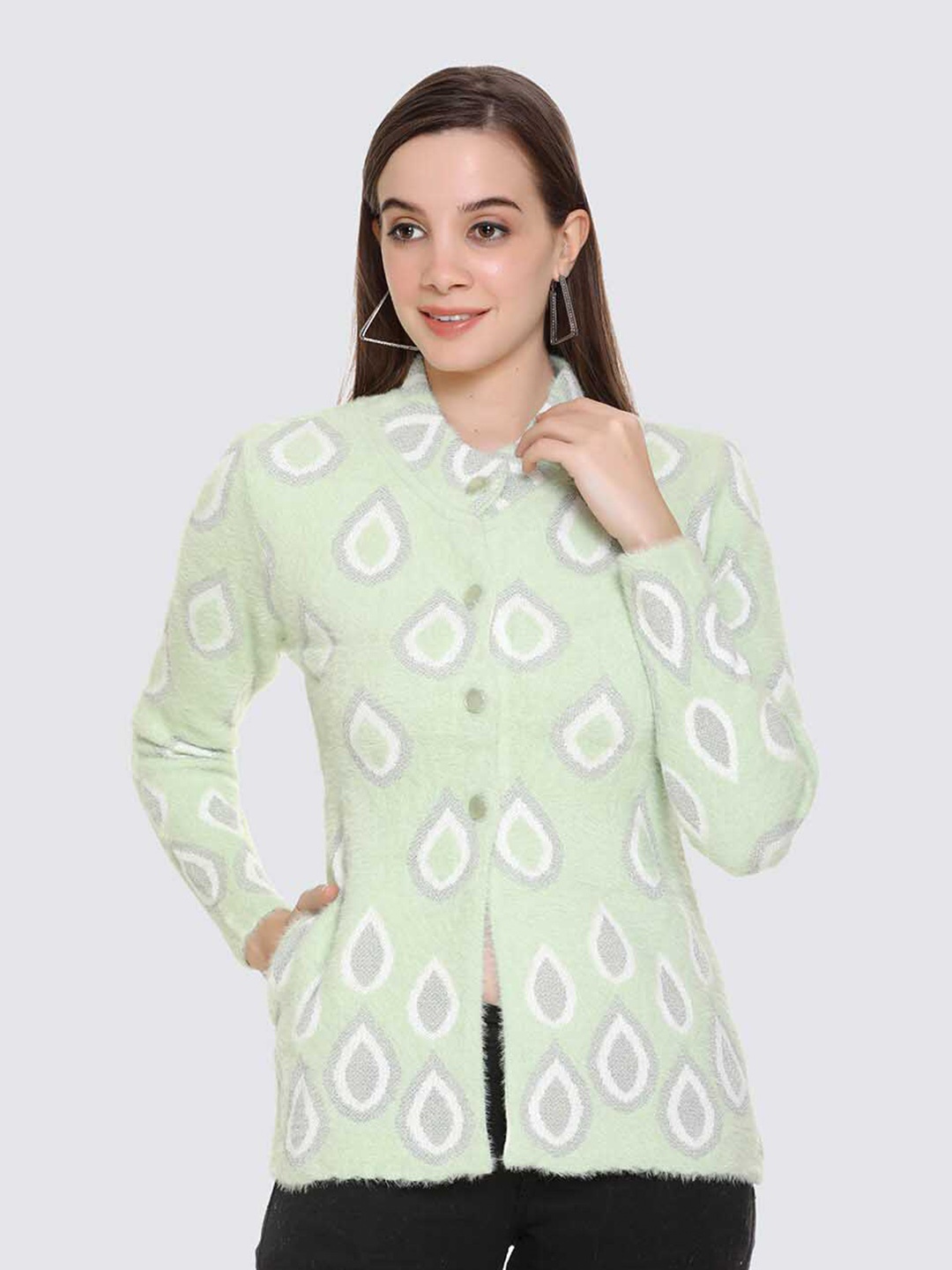 

Night Platter Printed Open Front Woollen Cardigan, Green