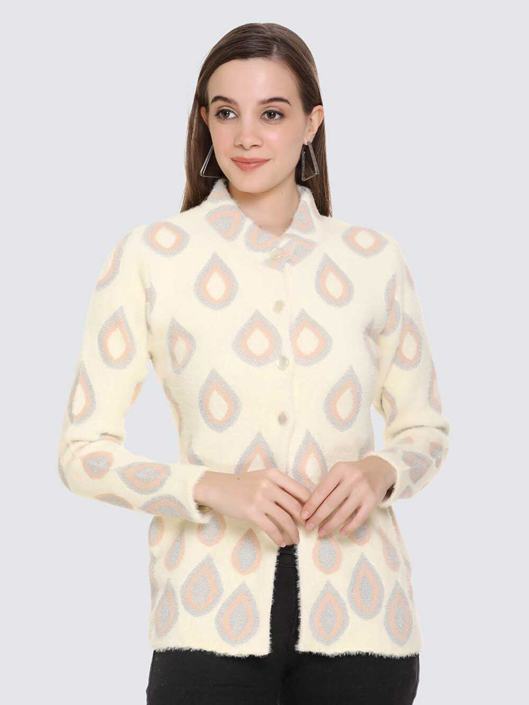 

Night Platter Printed Woollen Cardigan, Beige