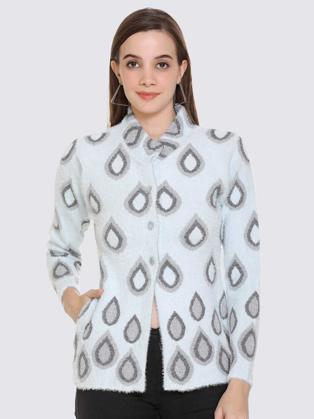 

Night Platter Abstract Printed Mock Collar Wool Cardigan Sweater, Blue