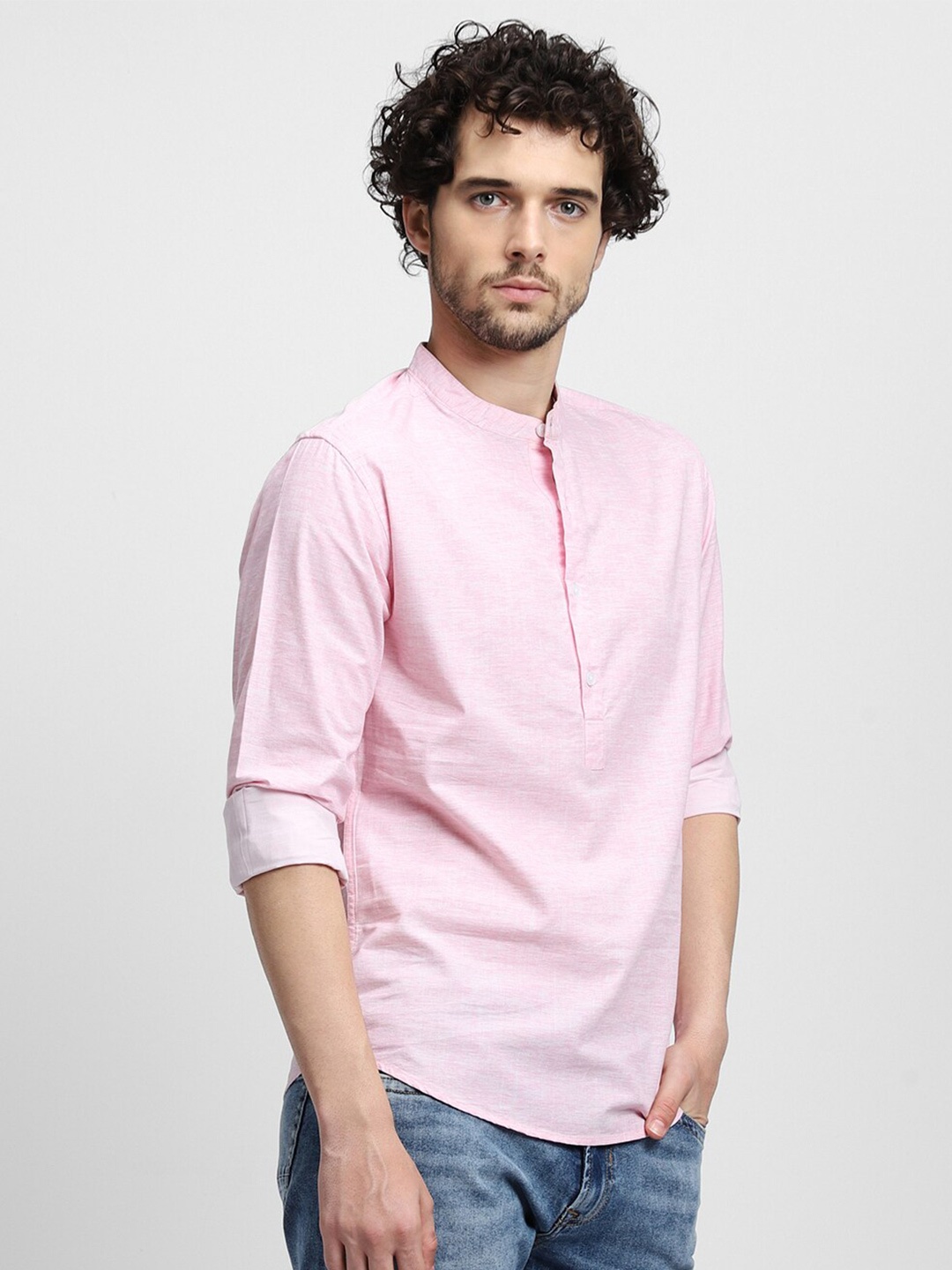 

Dennis Lingo Mandarin Collar Slim Fit Cotton Casual Shirt, Pink