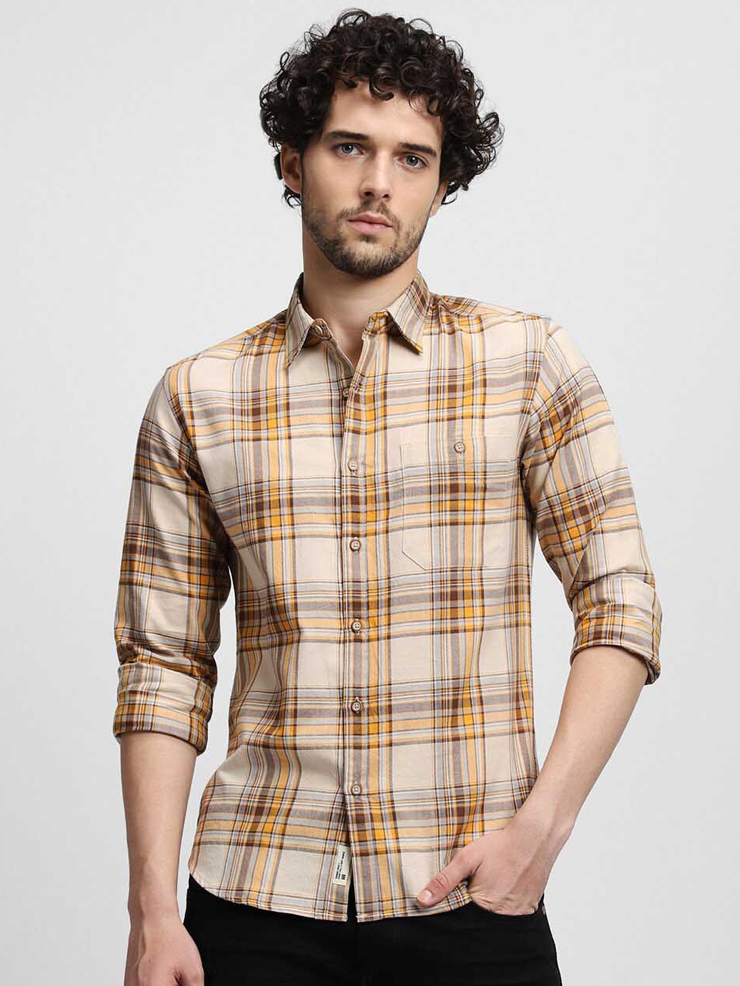 

Dennis Lingo Slim Fit Tartan Checks Cotton Casual Shirt, Orange