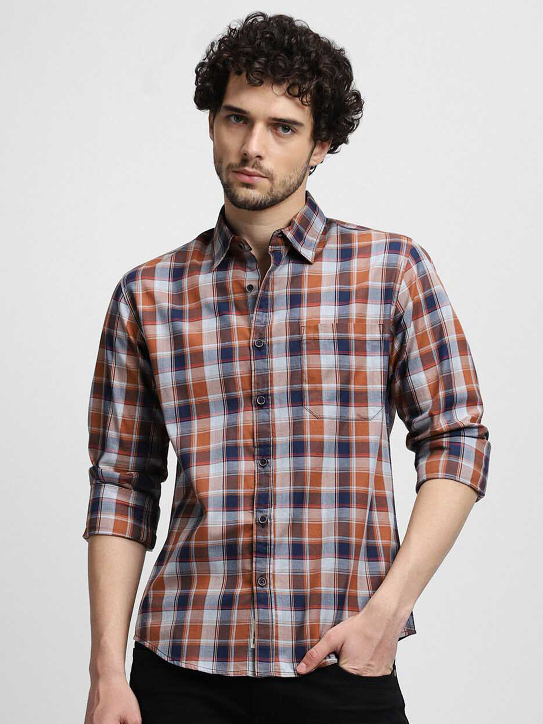 

Dennis Lingo Slim Fit Tartan Checks Pure Cotton Casual Shirt, Orange